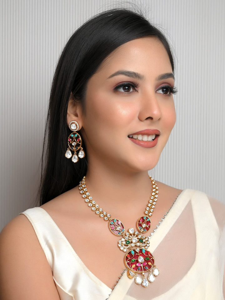 Gold plated brass metal multi colour boutique necklace set with polki and American diamond setting 