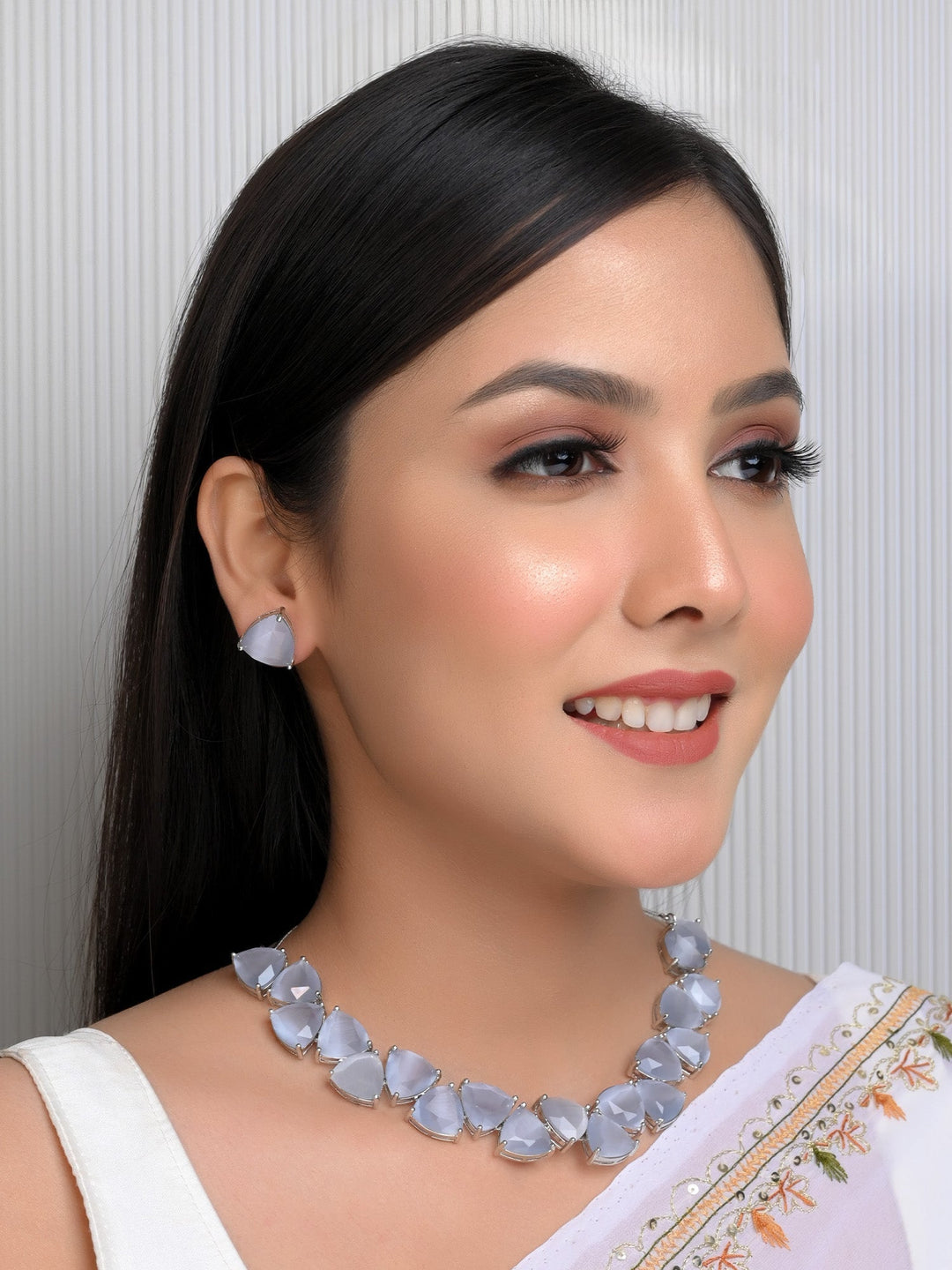 Mishkad Gray American Diamond Set necklace and earrings with elegant American Diamond stones and silver plated brass metal 