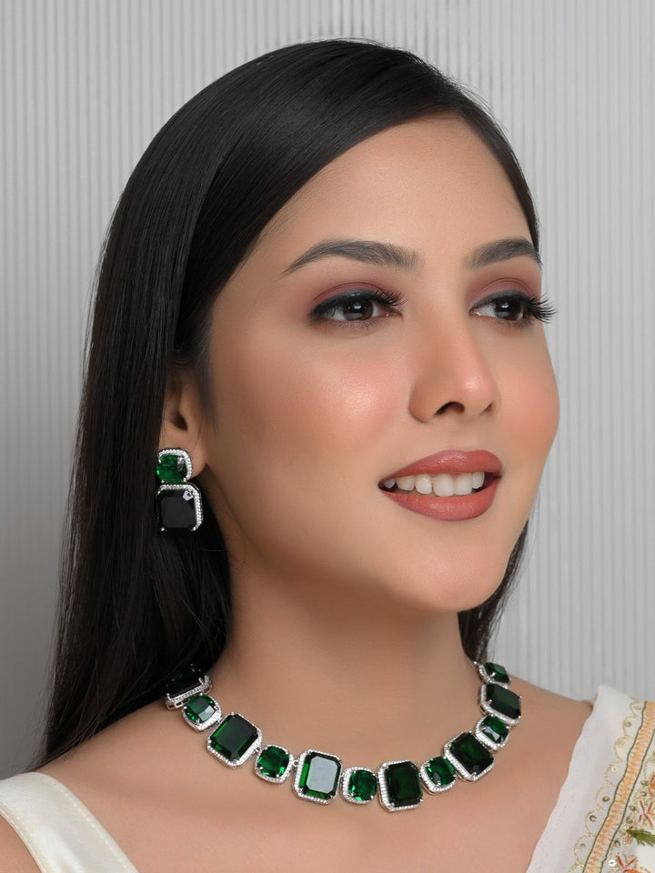 Echo Green American Diamond Necklace Set crafted with elegant American Diamond stones and silver plated brass metal, perfect addition to any wardrobe 