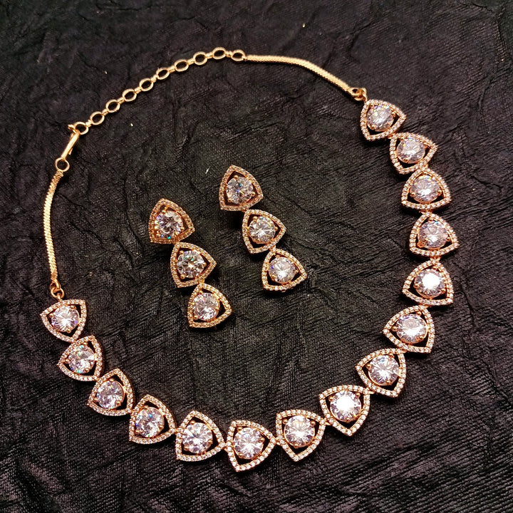 Rose Gold Plated American Diamond Set with Intricate White Stones