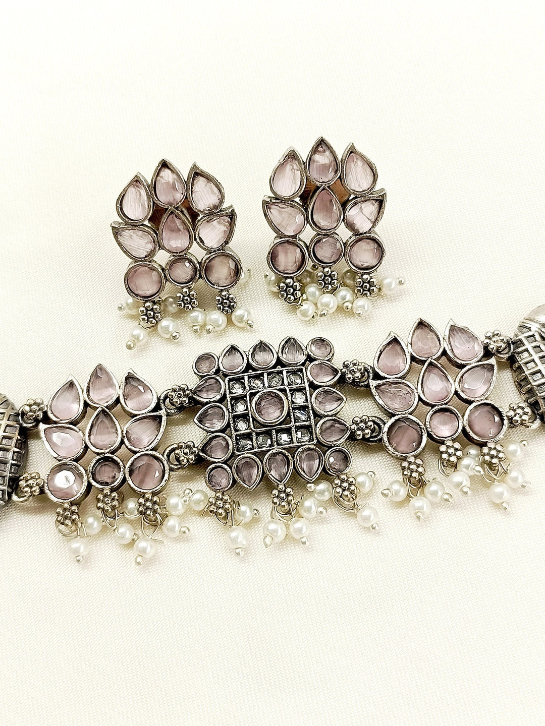 Rish Baby Pink Peacock Oxidized Choker Set - qivii