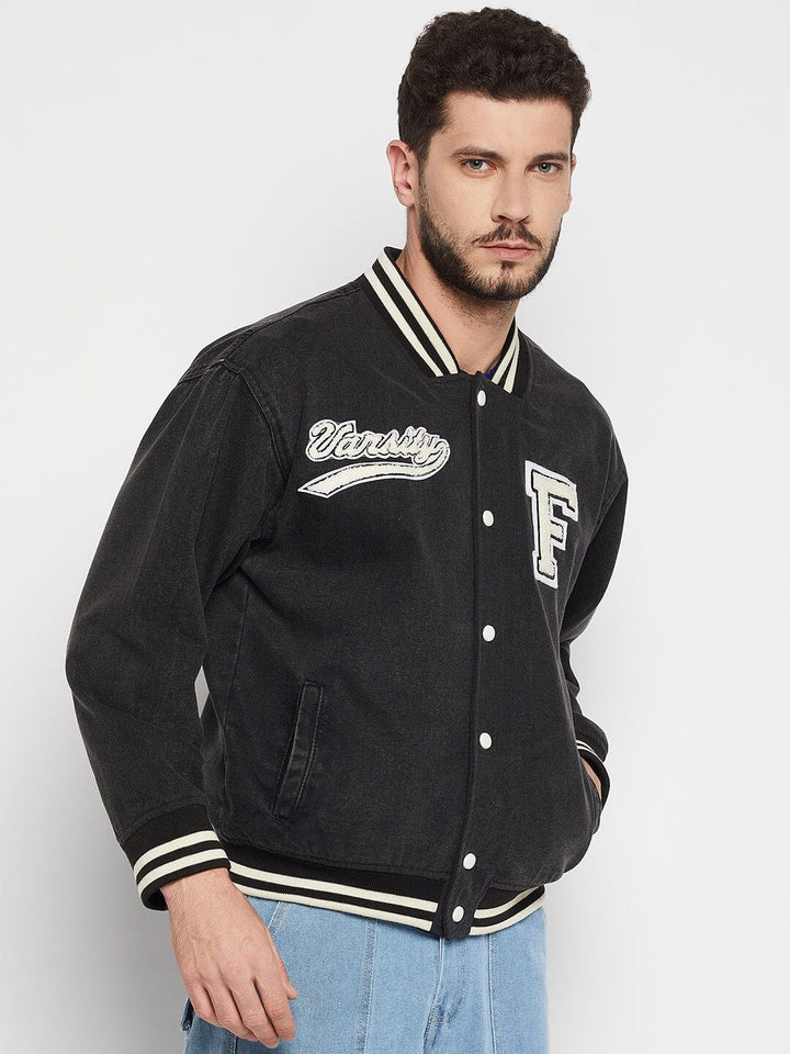 Grey Denim Varsity Jacket