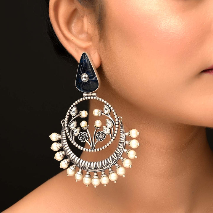 Arti Navy Blue Stone Silver Plated Boutique Earrings - qivii
