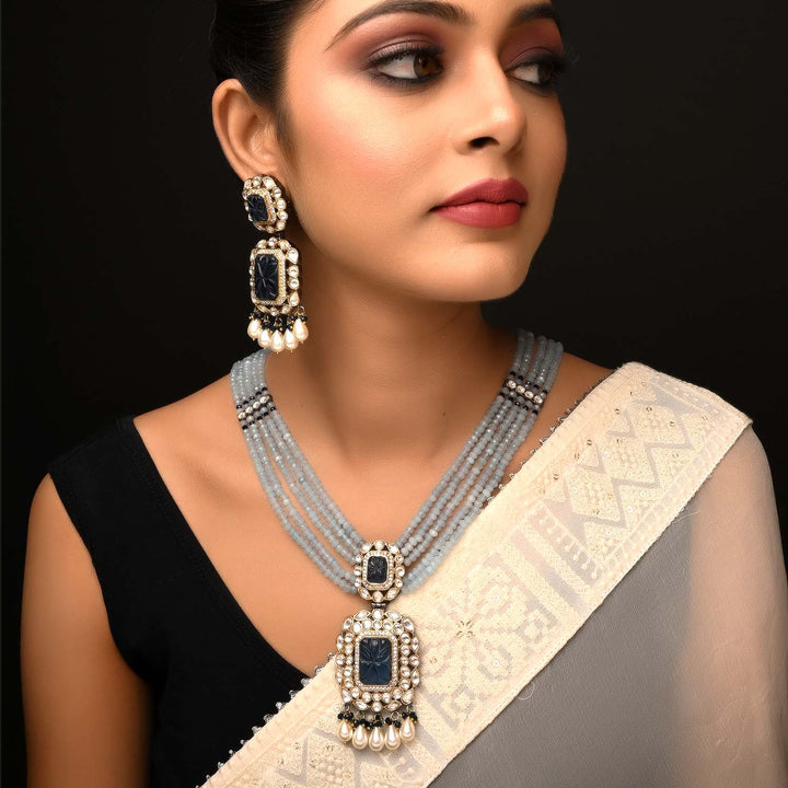 Rehemat Navy Blue Stone Gold & Rhodium Plated Victorian Set necklace with traditional Indian touch Kundan and stone details 