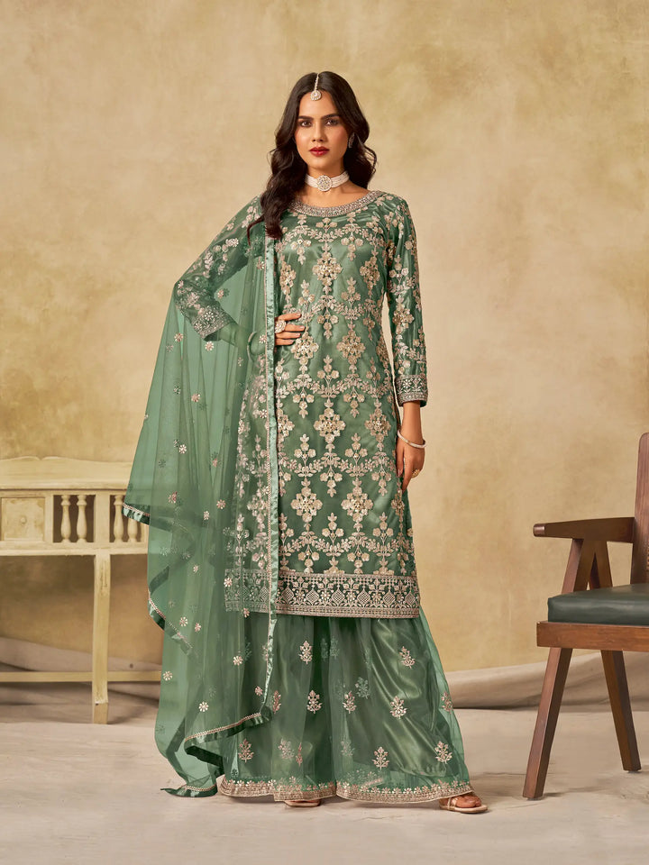 Hazel Green Net Palazzo Suit With Sequins Embroidery - qivii