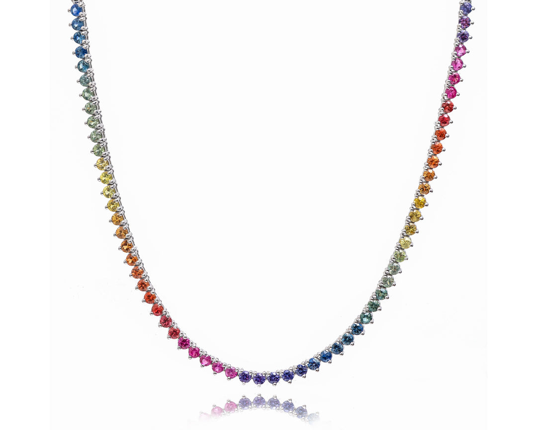 Rainbow Sapphire Vibrant Three Prong Tennis Necklace - qivii