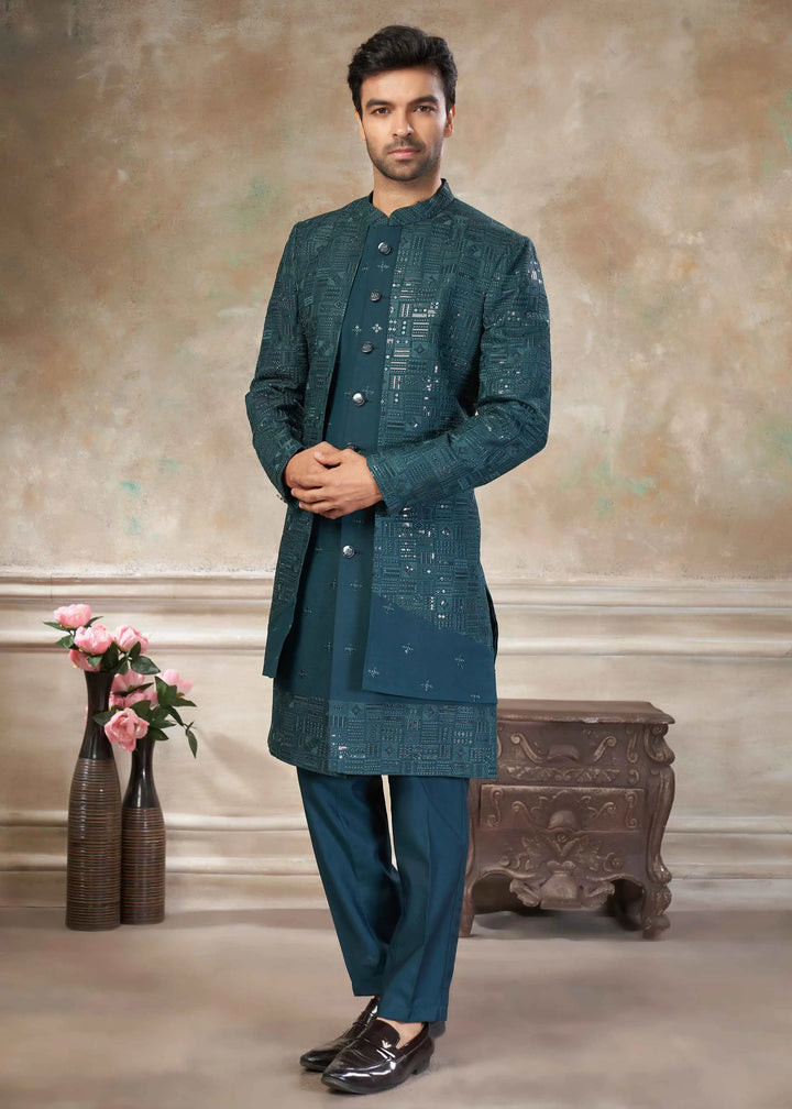 Teal Blue Sequins Embroidery Work Indo Western