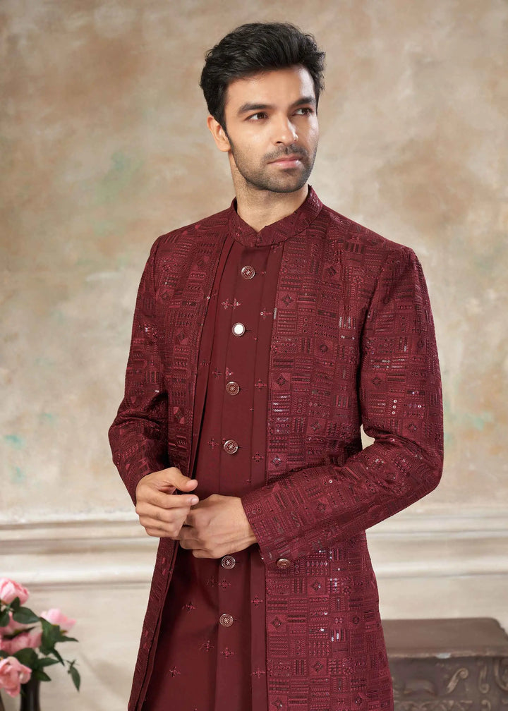 Maroon Sequins Embroidery Work Indo Western