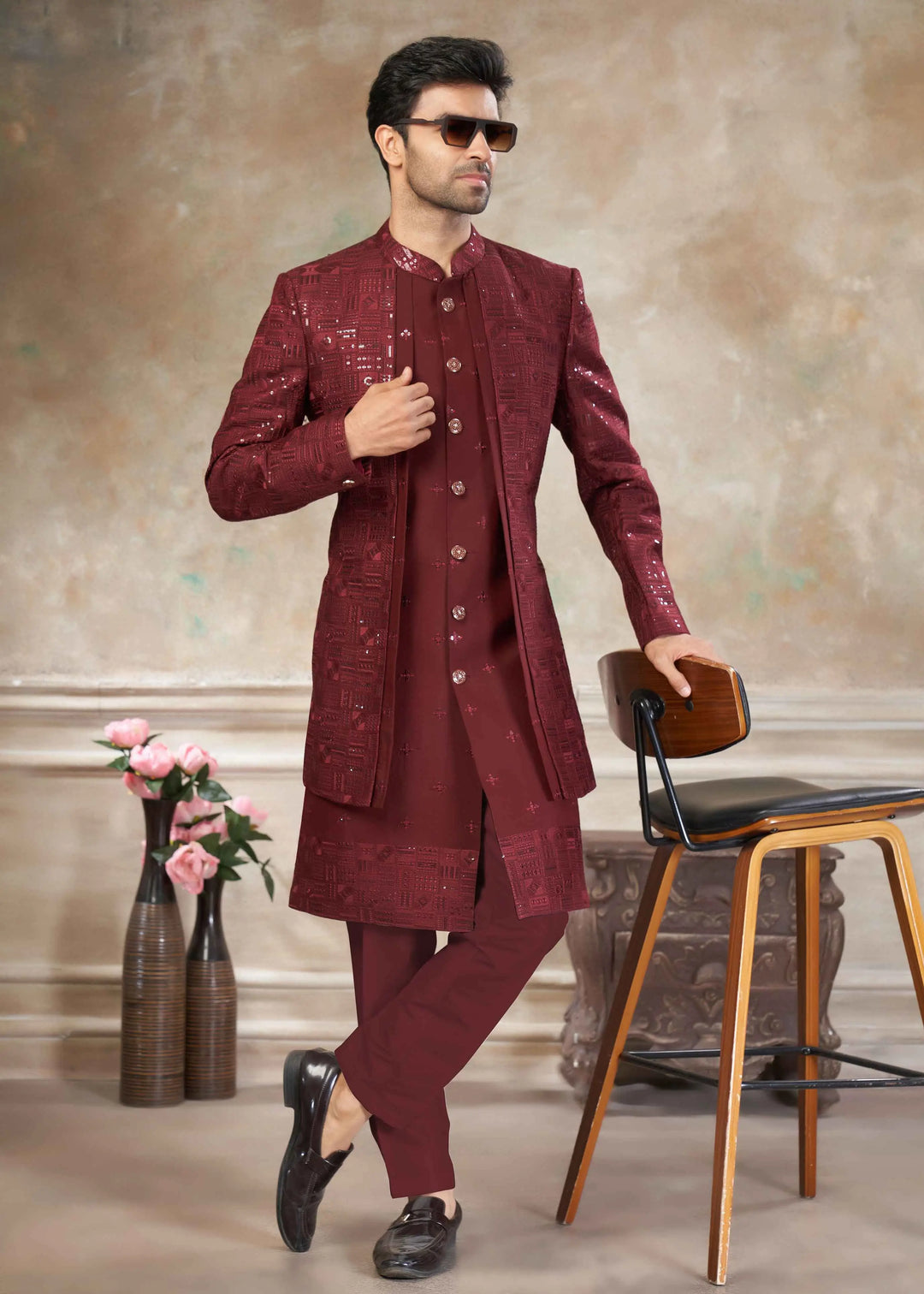 Maroon Sequins Embroidery Work Indo Western