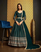 Dark Green Georgette Metalic Foil Work Gown With Dupatta