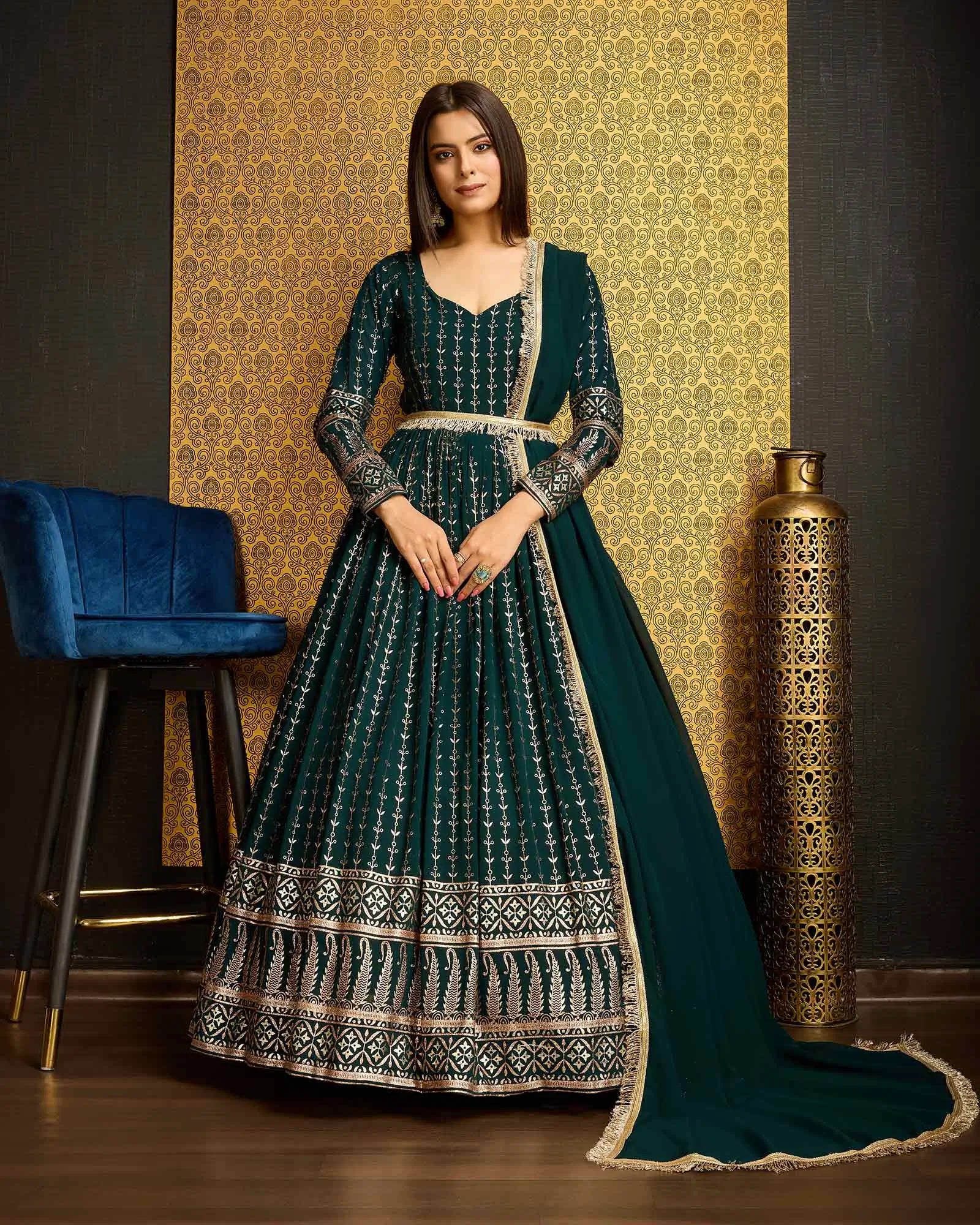 Dark Green Georgette Metalic Foil Work Gown With Dupatta