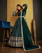 Dark Green Georgette Metalic Foil Work Gown With Dupatta