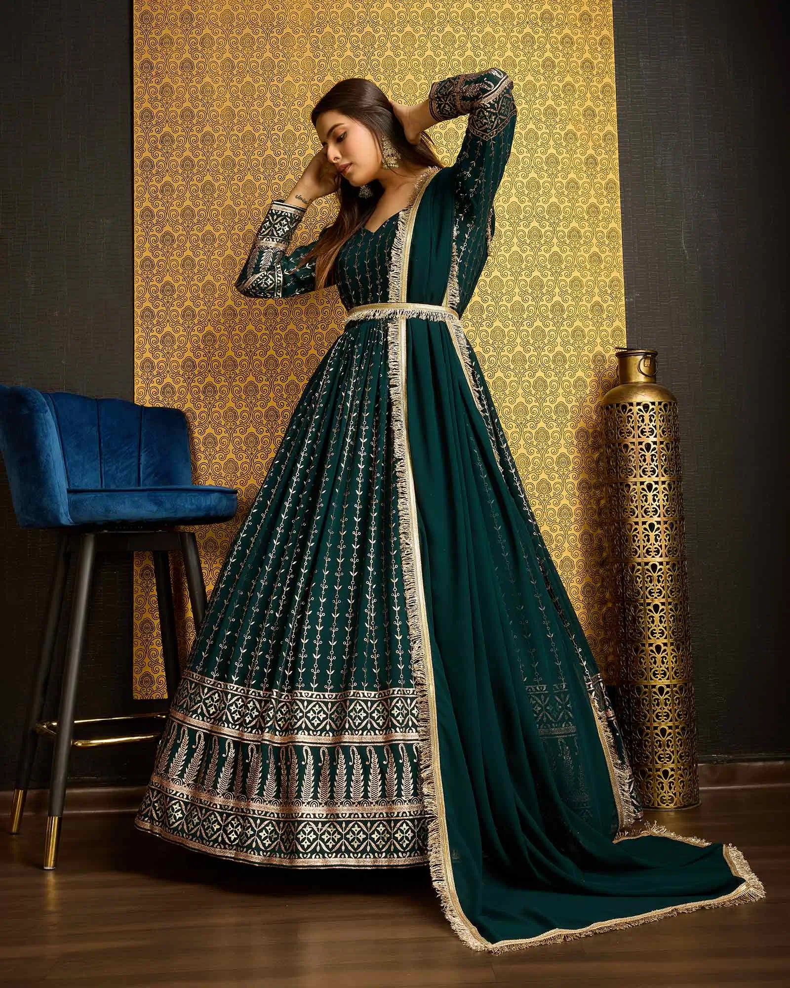 Dark Green Georgette Metalic Foil Work Gown With Dupatta