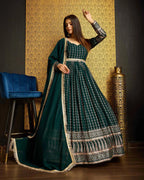 Dark Green Georgette Metalic Foil Work Gown With Dupatta