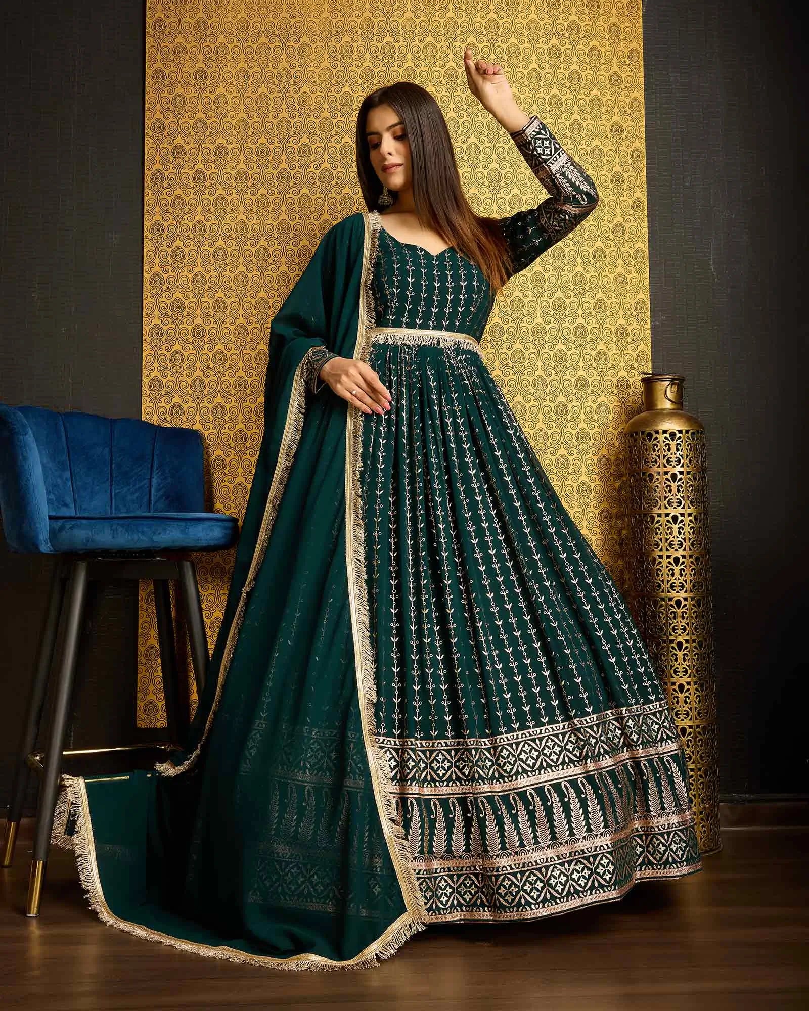 Dark Green Georgette Metalic Foil Work Gown With Dupatta
