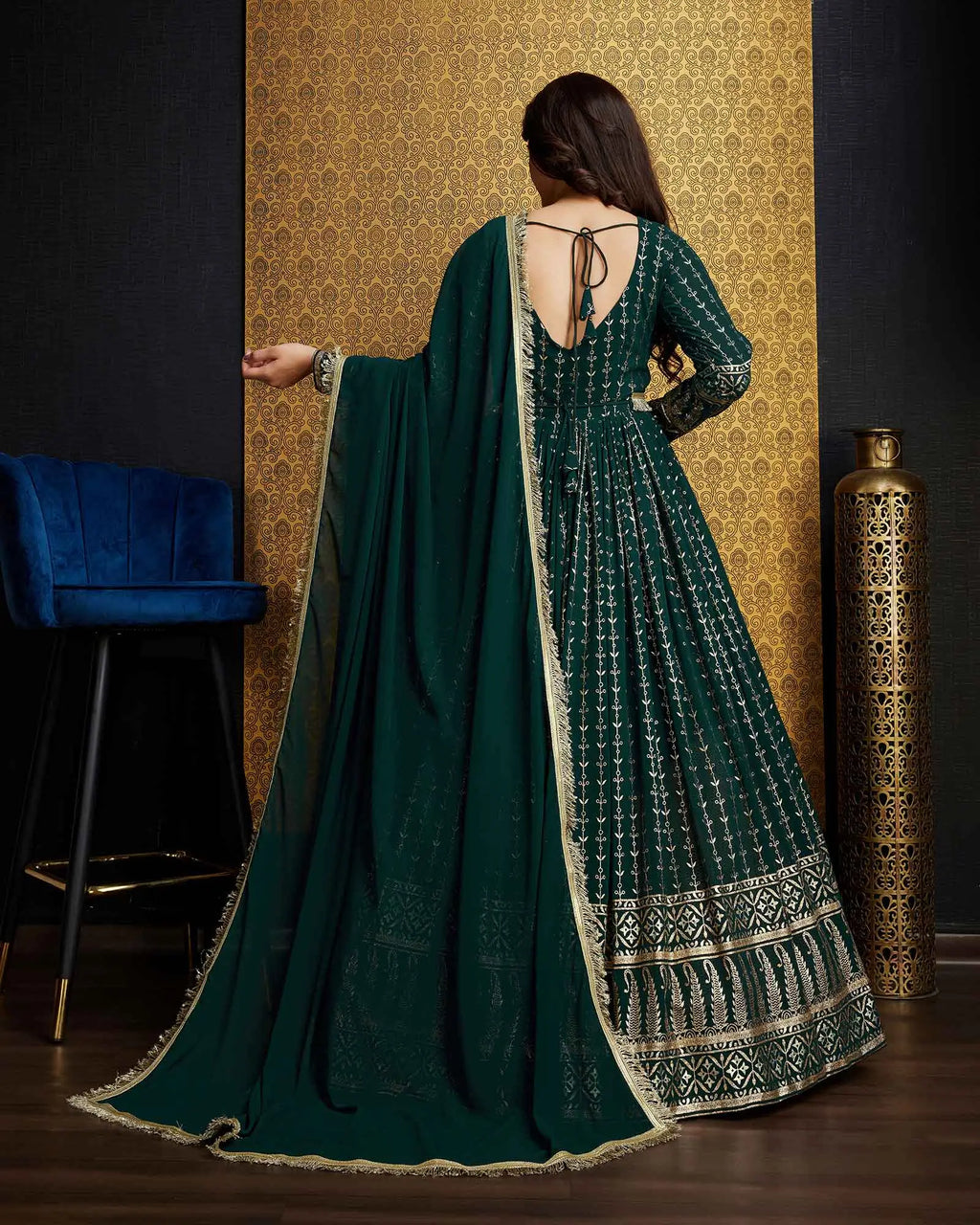 Dark Green Georgette Metalic Foil Work Gown With Dupatta