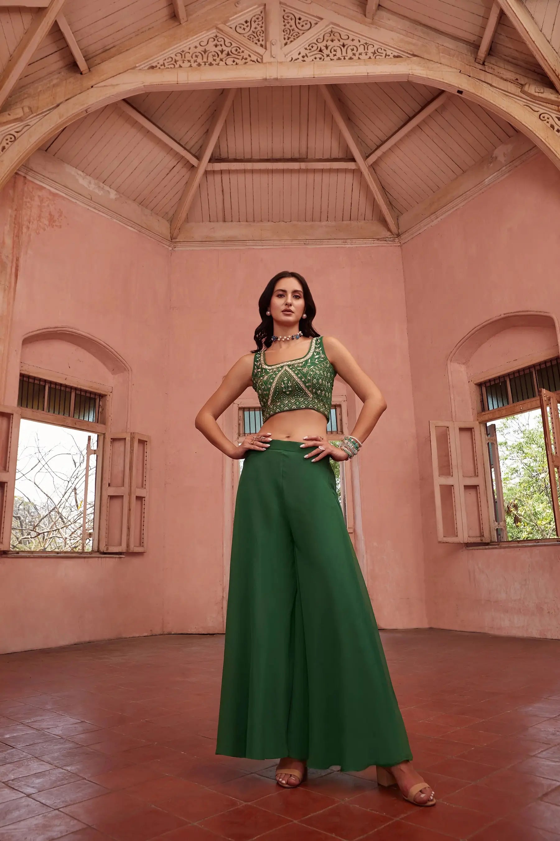 Mehendi Green Stylish Indo Western Hand Embroidered Work With Long Shrug