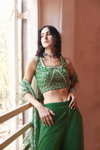 Mehendi Green Stylish Indo Western Hand Embroidered Work With Long Shrug
