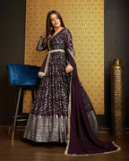 Purple Georgette Metalic Foil Work Gown With Dupatta
