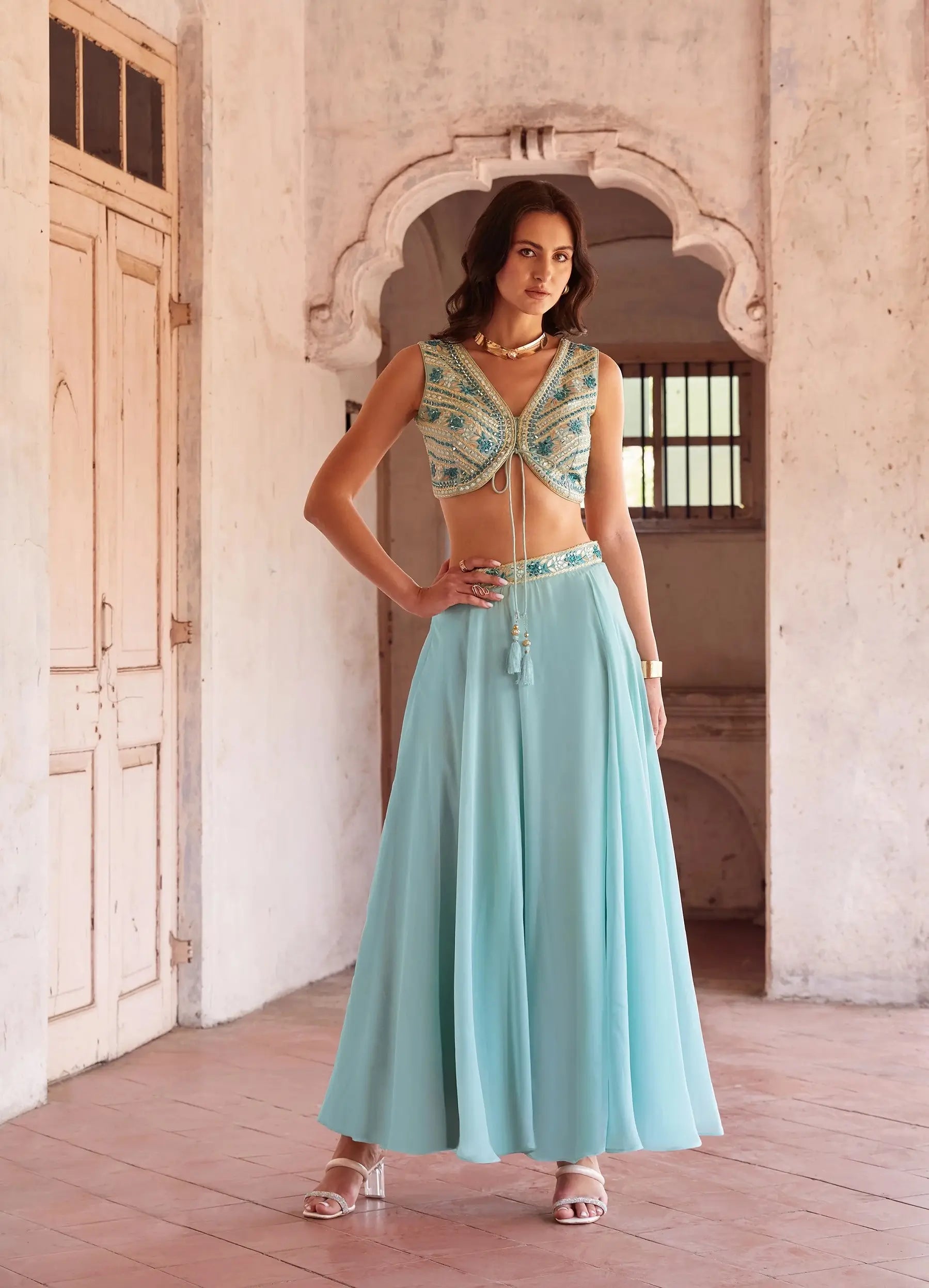 Sky Blue Mirror Embroidery Work Stylish Indo Western Lehenga Set