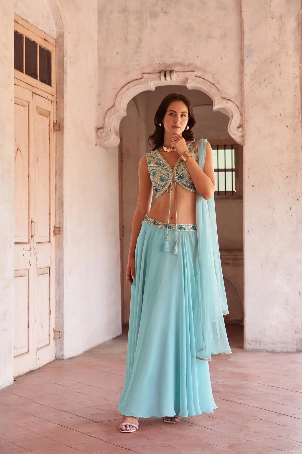 Sky Blue Mirror Embroidery Work Stylish Indo Western Lehenga Set