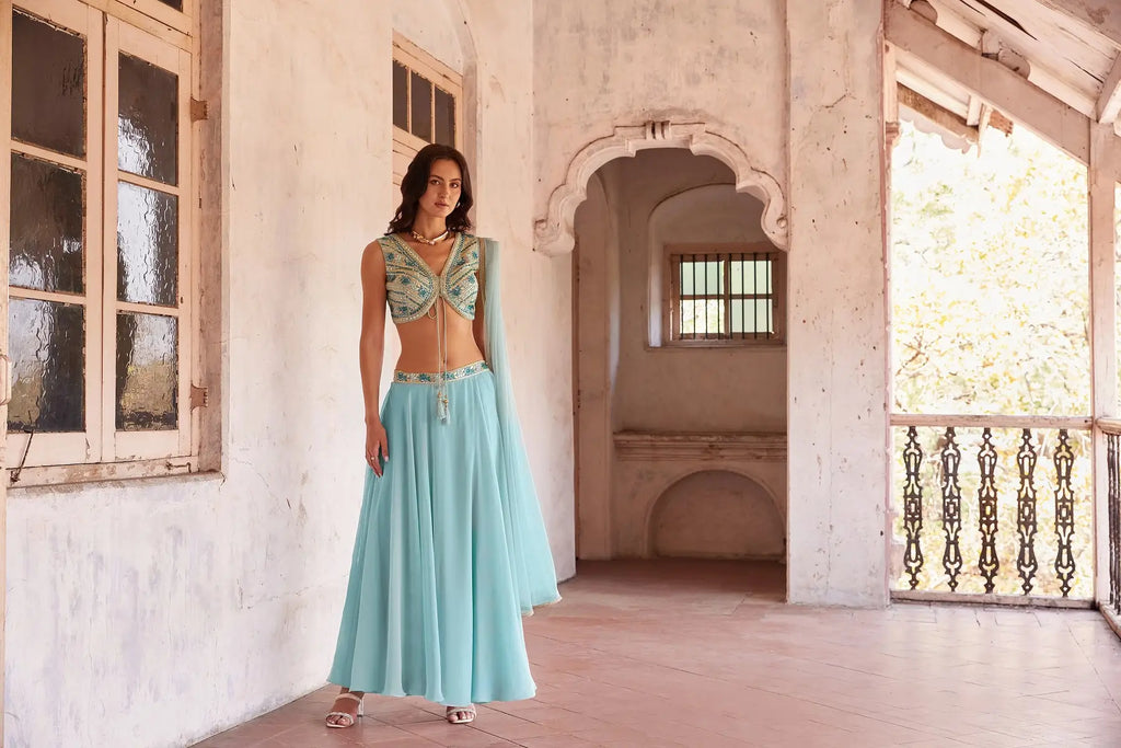 Sky Blue Mirror Embroidery Work Stylish Indo Western Lehenga Set