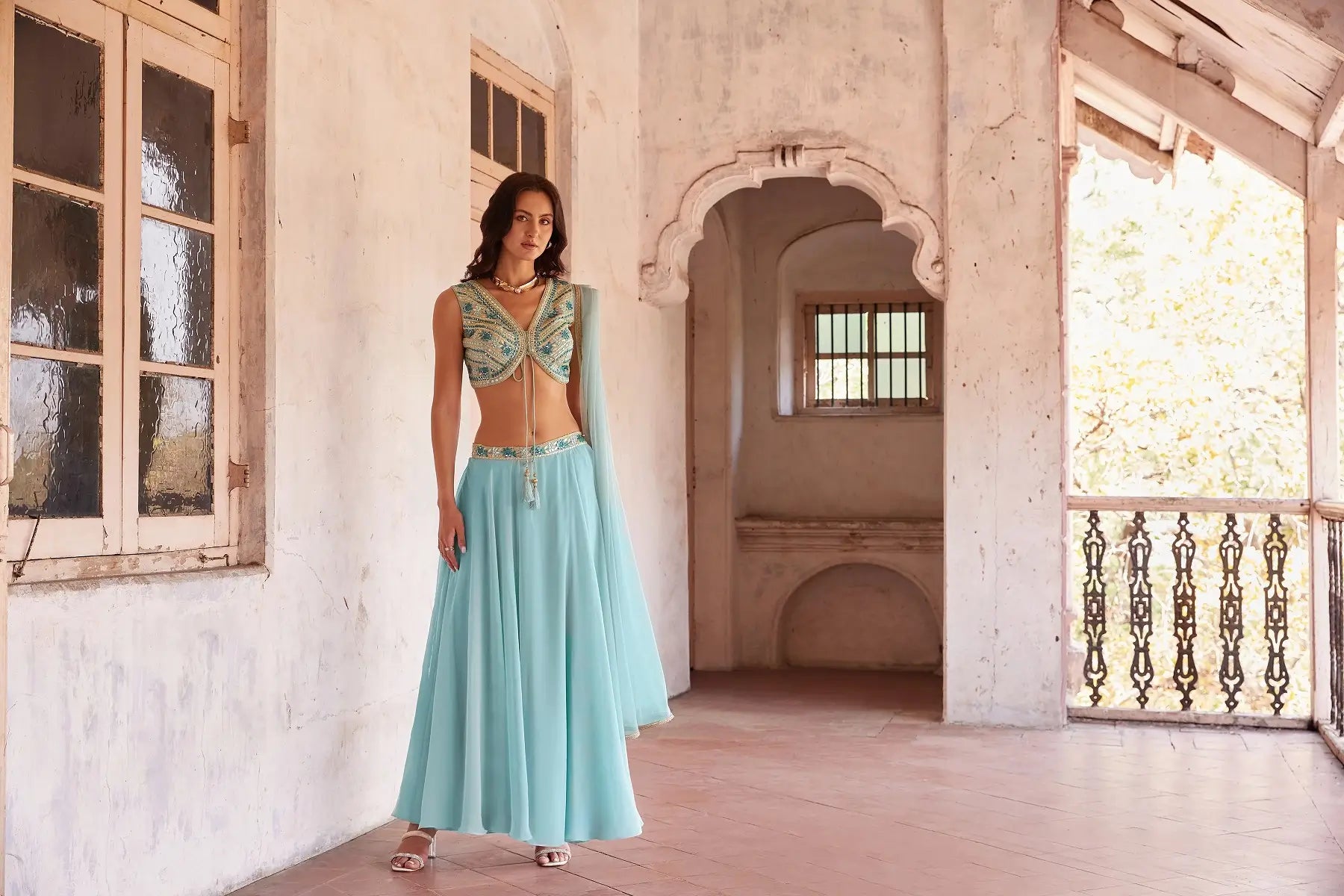 Sky Blue Mirror Embroidery Work Stylish Indo Western Lehenga Set