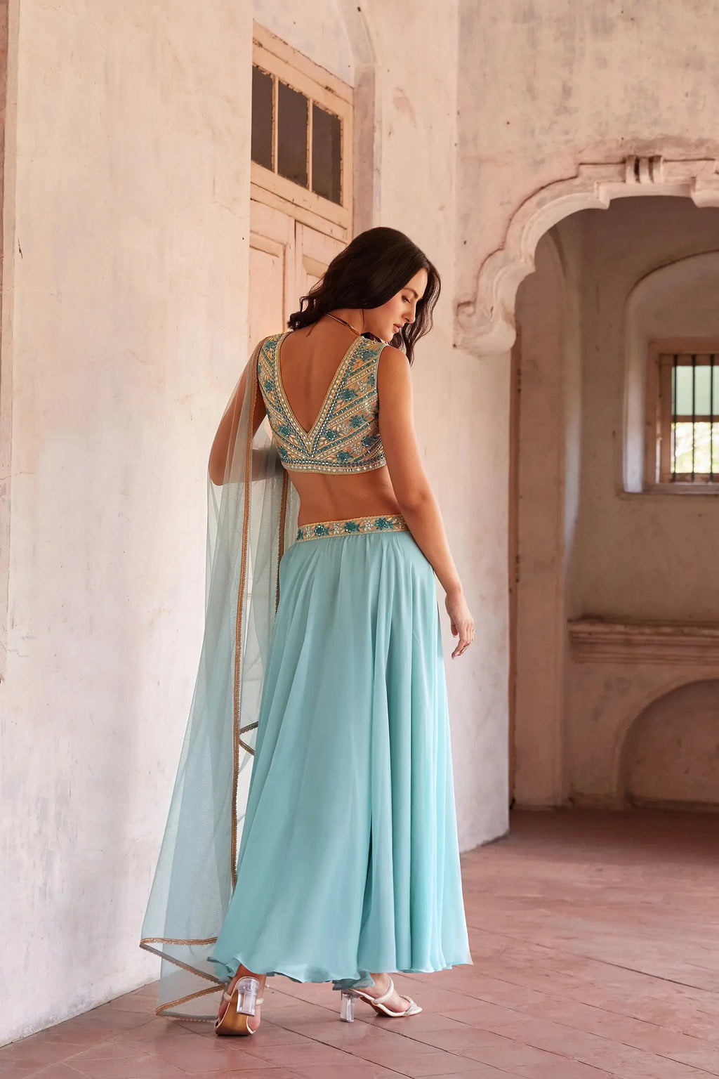 Sky Blue Mirror Embroidery Work Stylish Indo Western Lehenga Set