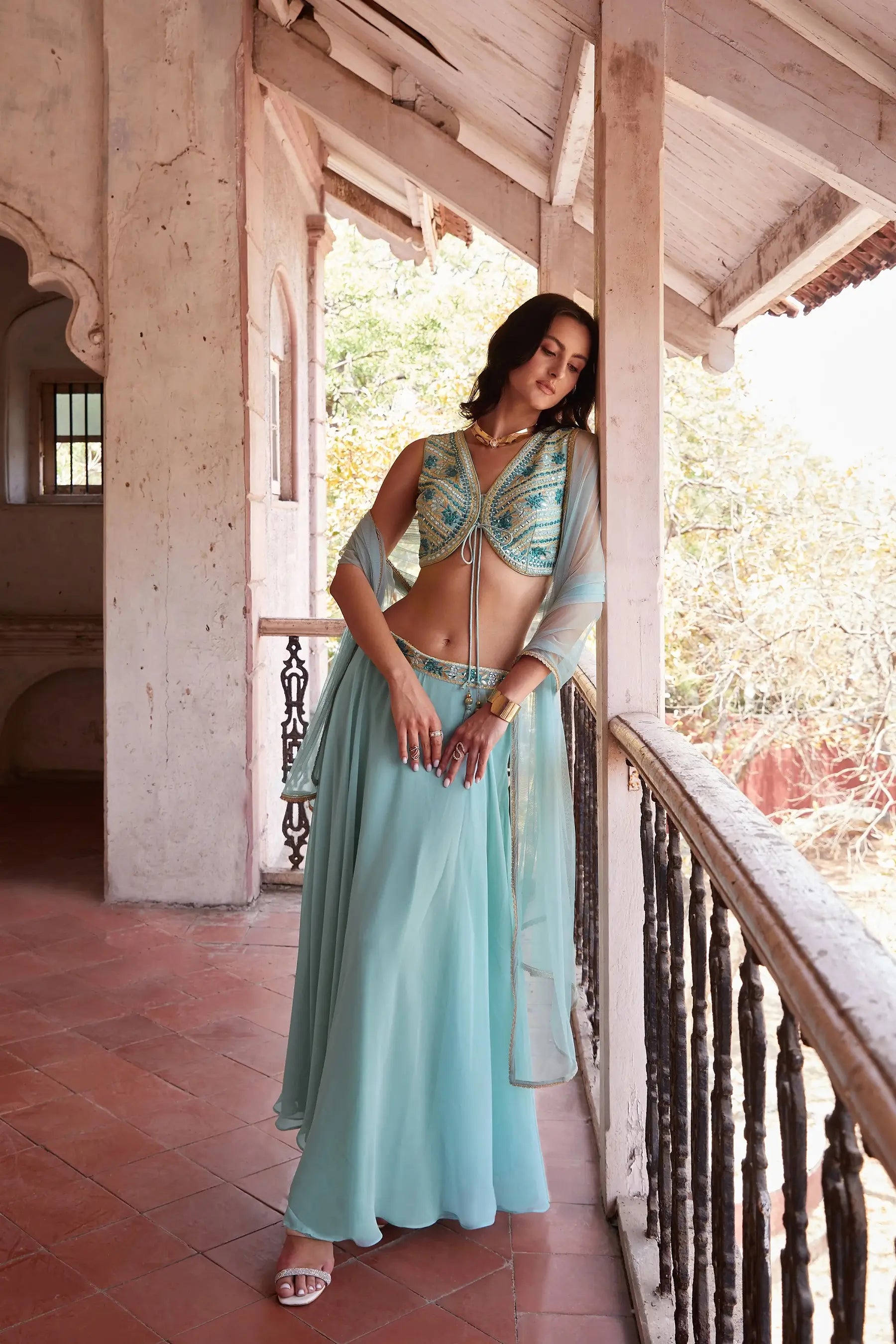 Sky Blue Mirror Embroidery Work Stylish Indo Western Lehenga Set