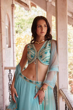 Sky Blue Mirror Embroidery Work Stylish Indo Western Lehenga Set