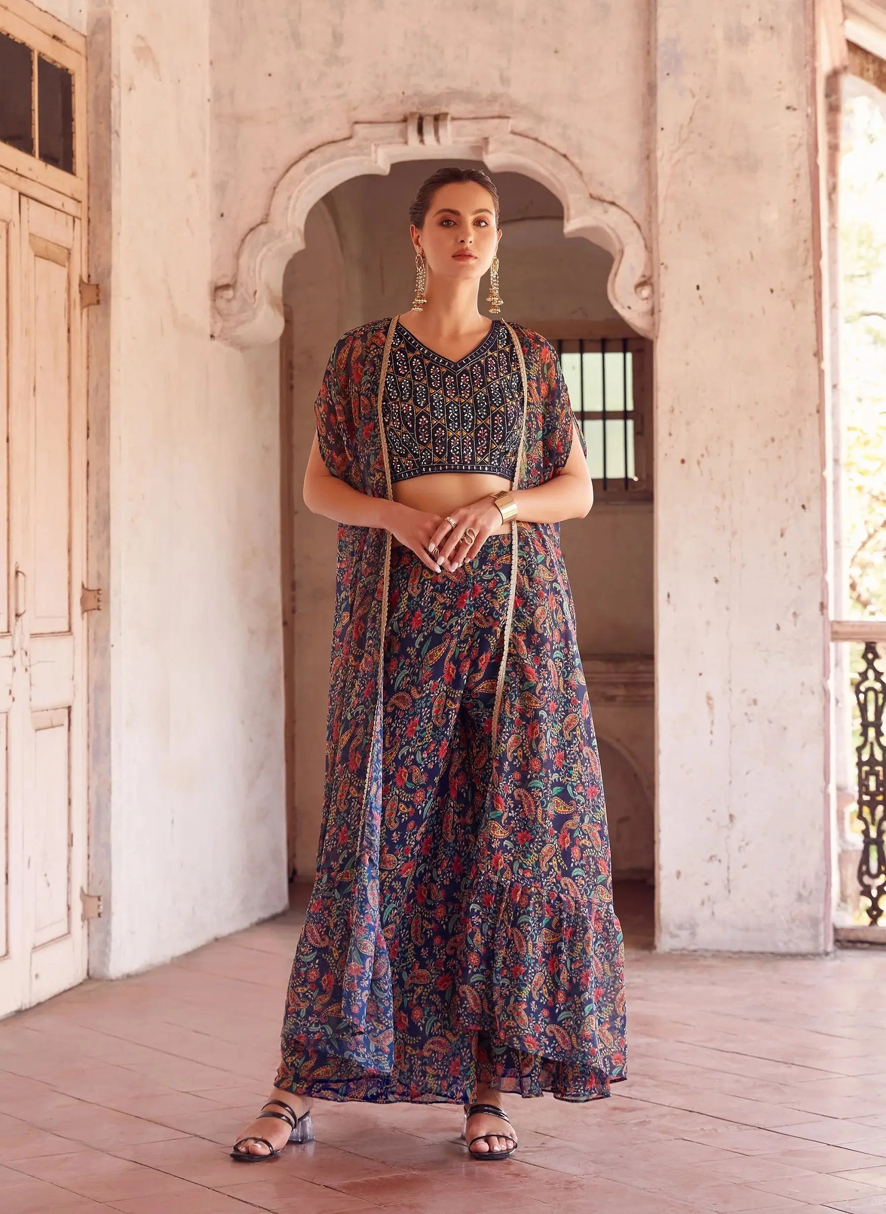 Navy Blue Georgette Hand Embroidered Work Stylish Indo Western Sharara Cap Set