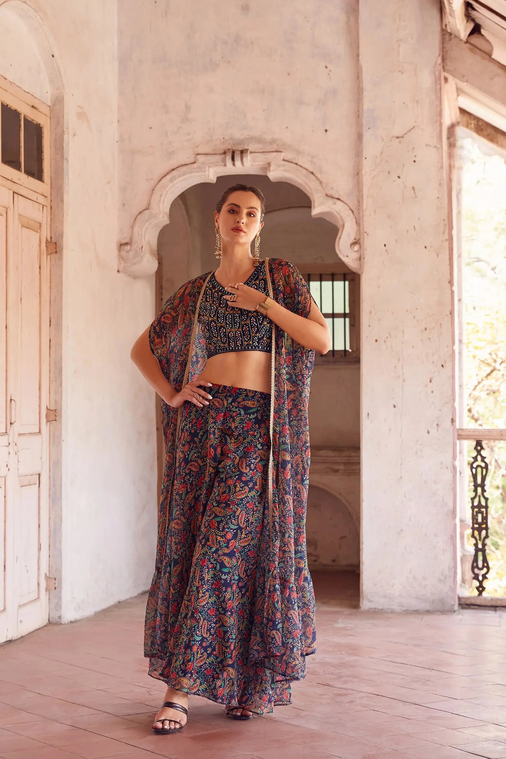 Navy Blue Georgette Hand Embroidered Work Stylish Indo Western Sharara Cap Set