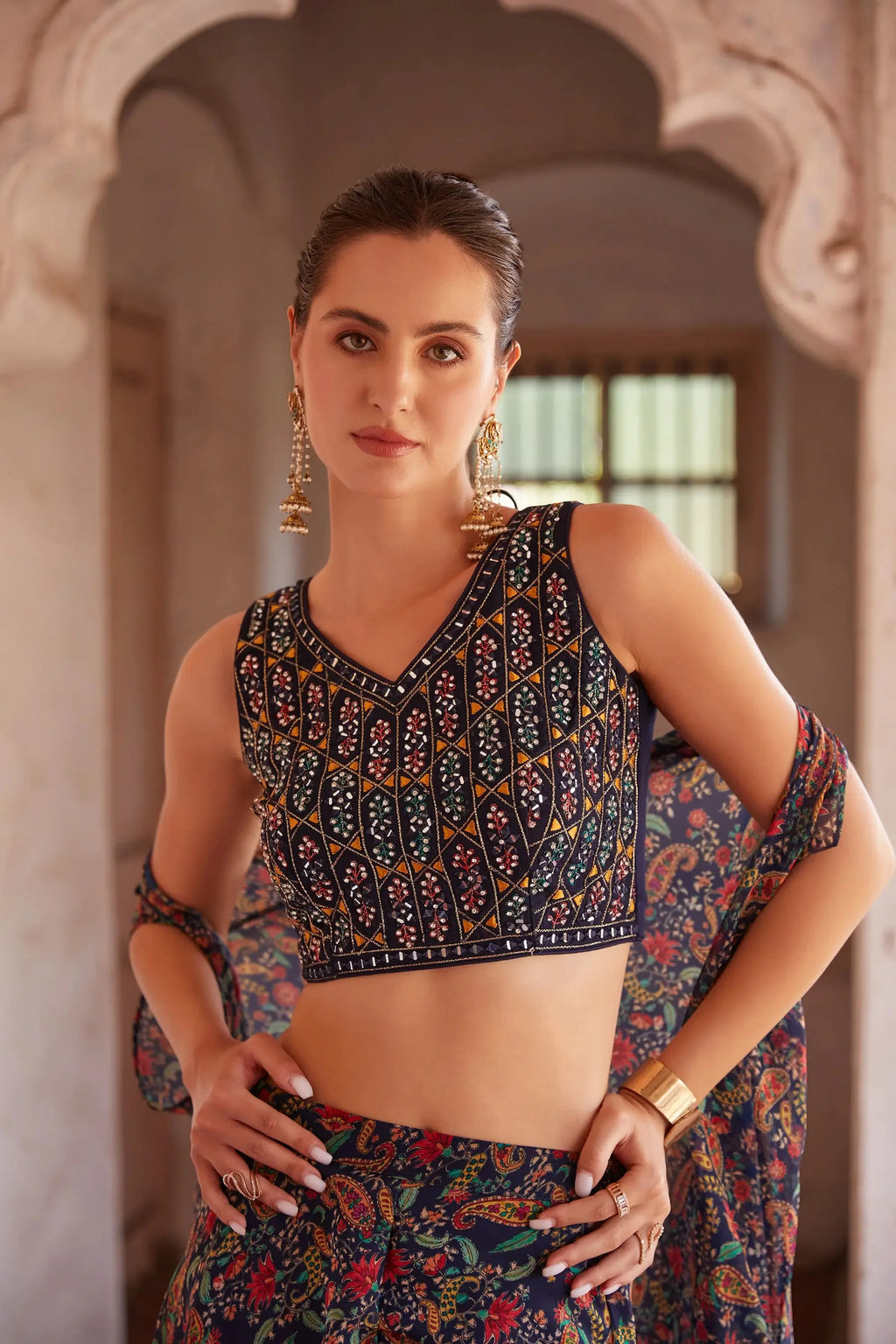 Navy Blue Georgette Hand Embroidered Work Stylish Indo Western Sharara Cap Set