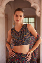 Navy Blue Georgette Hand Embroidered Work Stylish Indo Western Sharara Cap Set