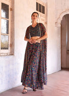 Navy Blue Georgette Hand Embroidered Work Stylish Indo Western Sharara Cap Set