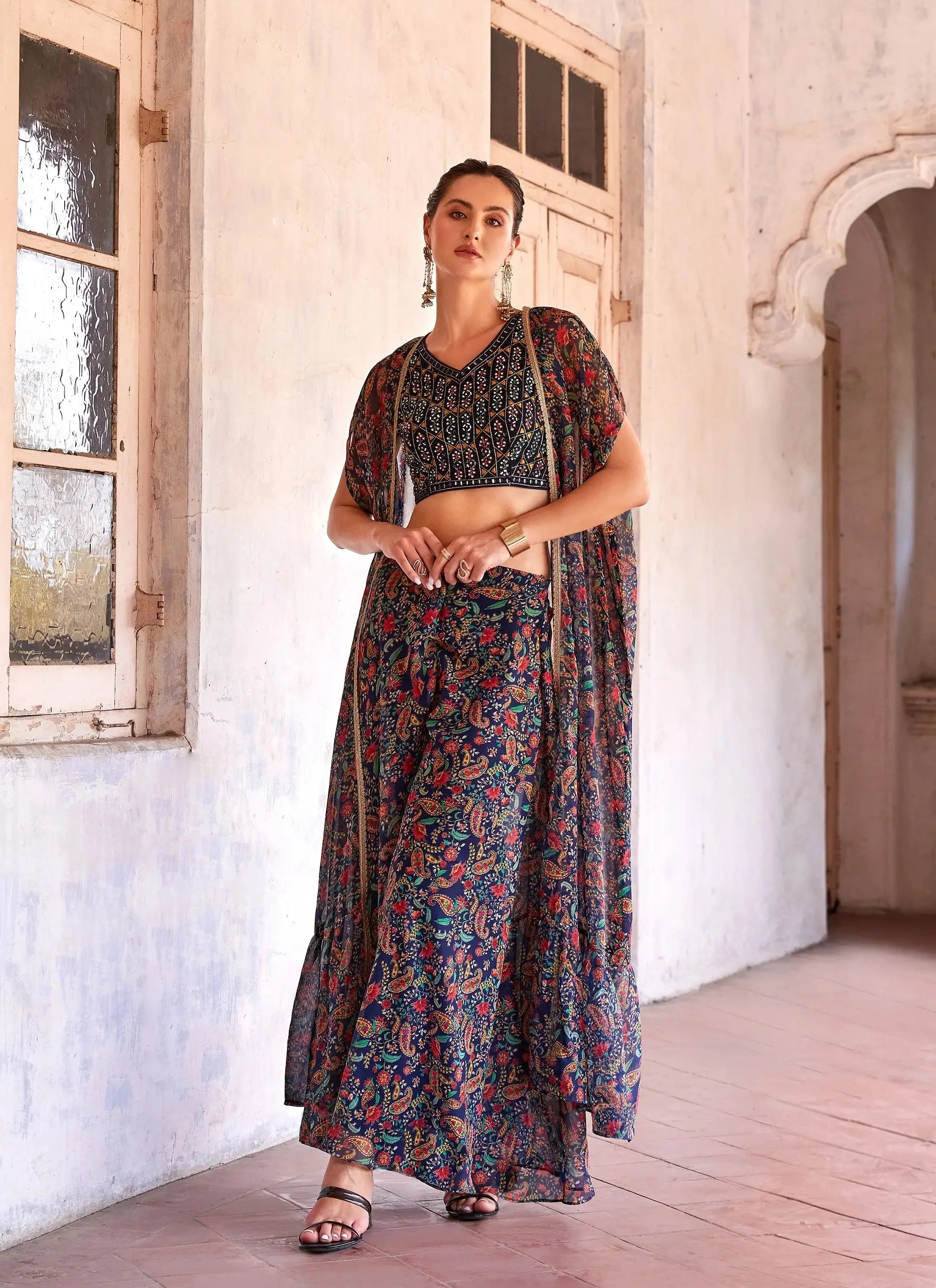 Navy Blue Georgette Hand Embroidered Work Stylish Indo Western Sharara Cap Set