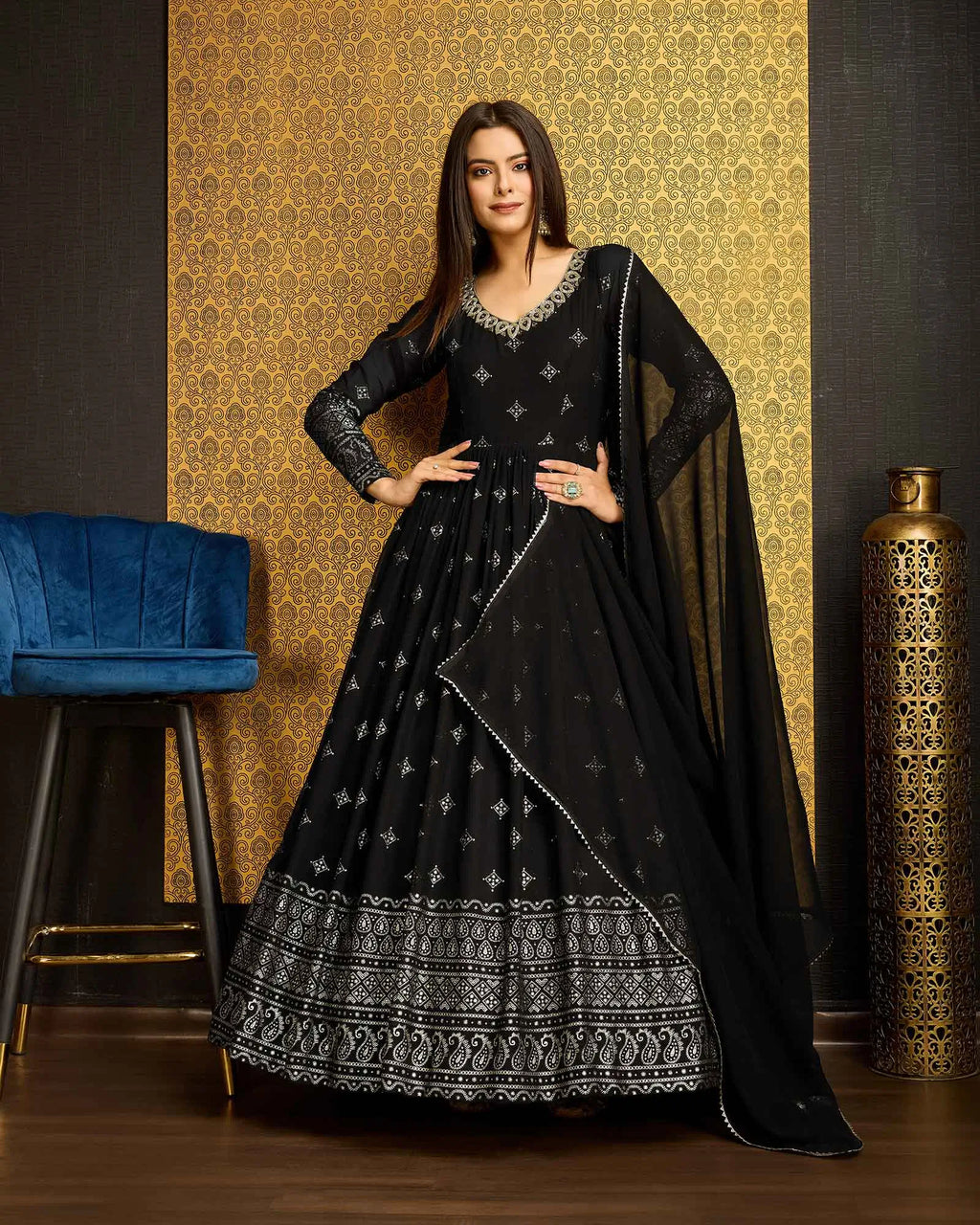 Black Georgette Metalic Foil Work Gown With Dupatta