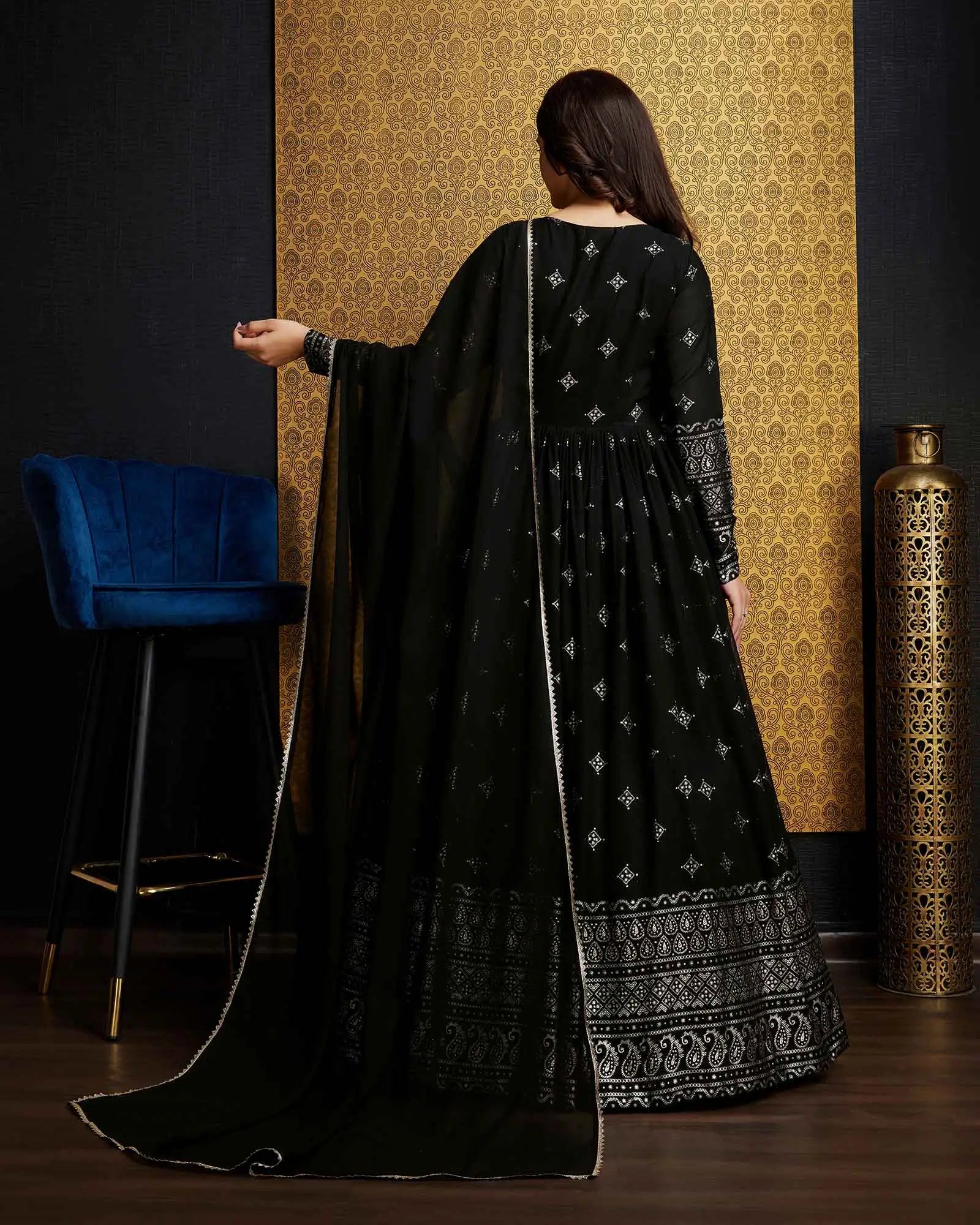Black Georgette Metalic Foil Work Gown With Dupatta