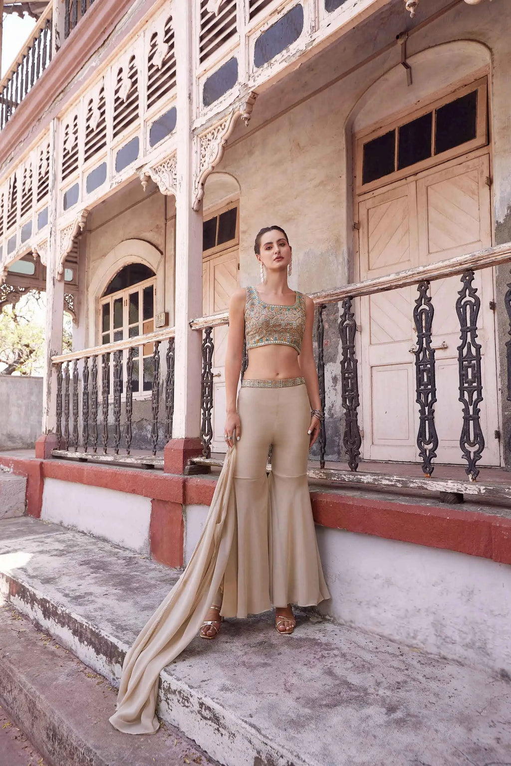 Chiku Hand Embroidered Work Stylish Indo-Western Jacket and Sharara Set