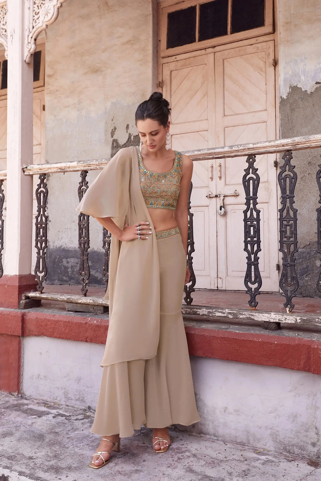 Chiku Hand Embroidered Work Stylish Indo-Western Jacket and Sharara Set