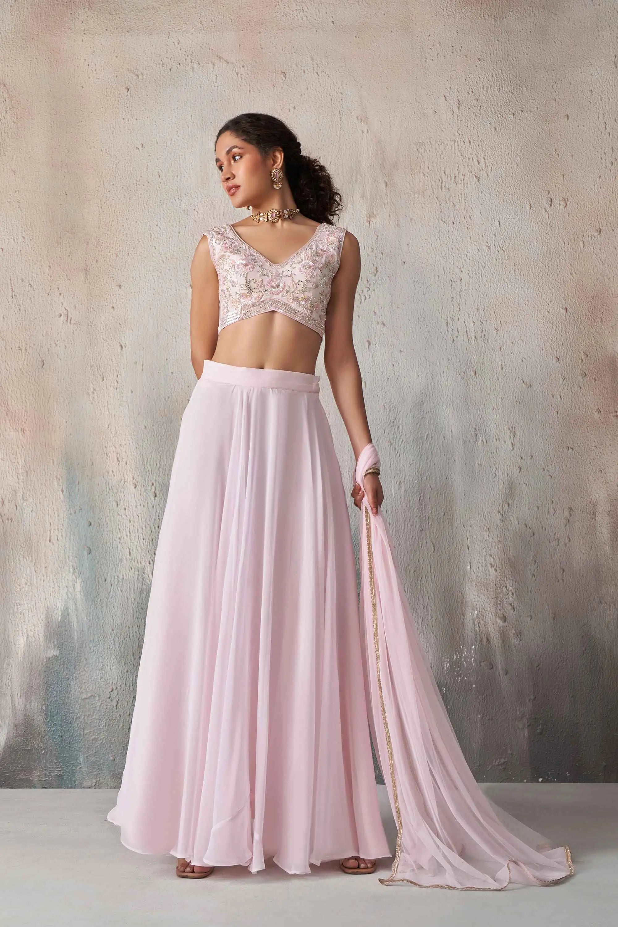 Soft Light pink Georgette Hand Work Indo Western lehenga Set With Dupatta