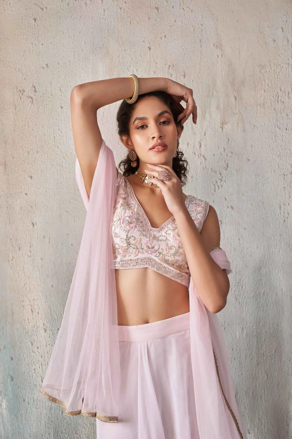 Soft Light pink Georgette Hand Work Indo Western lehenga Set With Dupatta