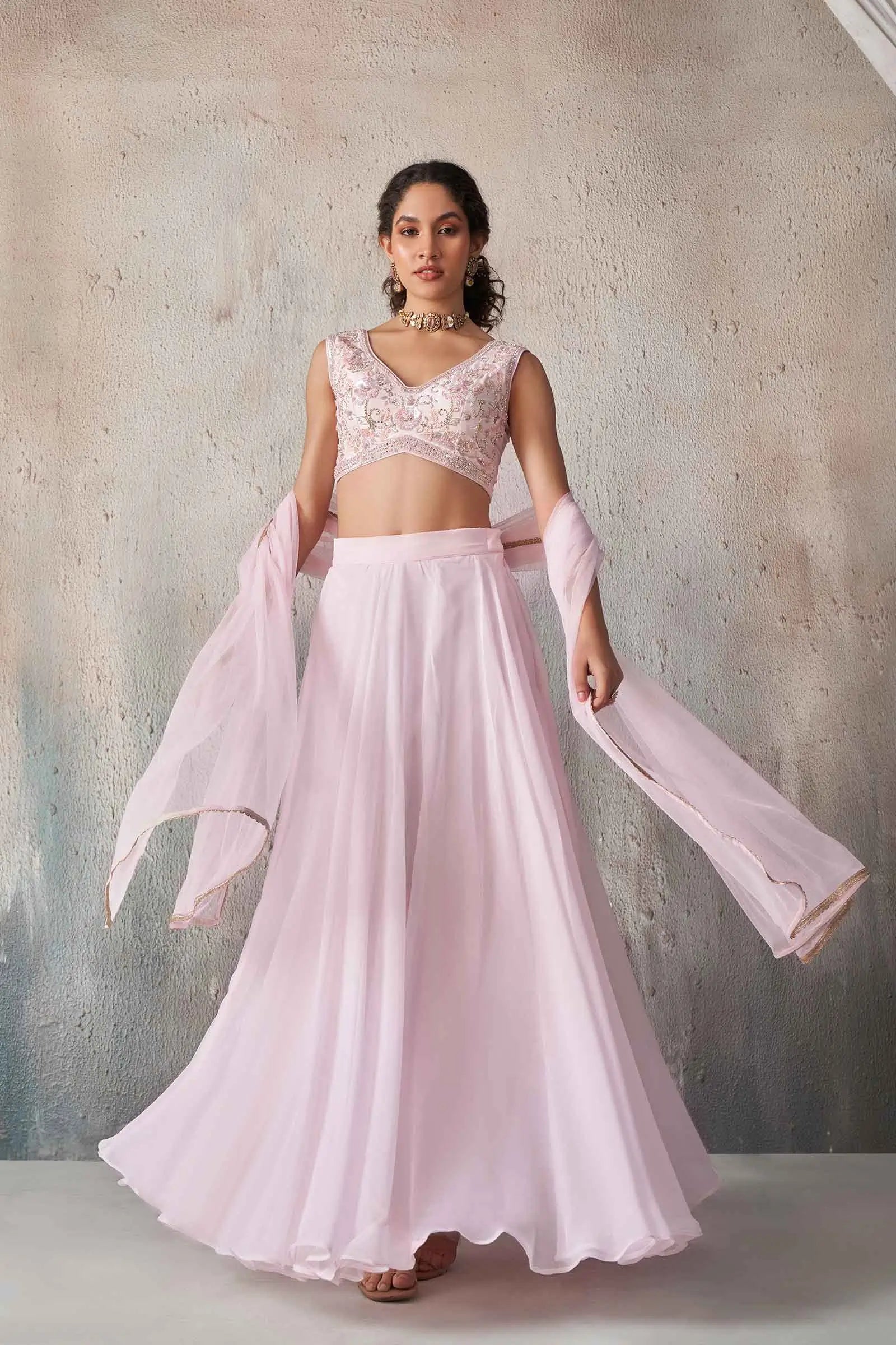 Soft Light pink Georgette Hand Work Indo Western lehenga Set With Dupatta