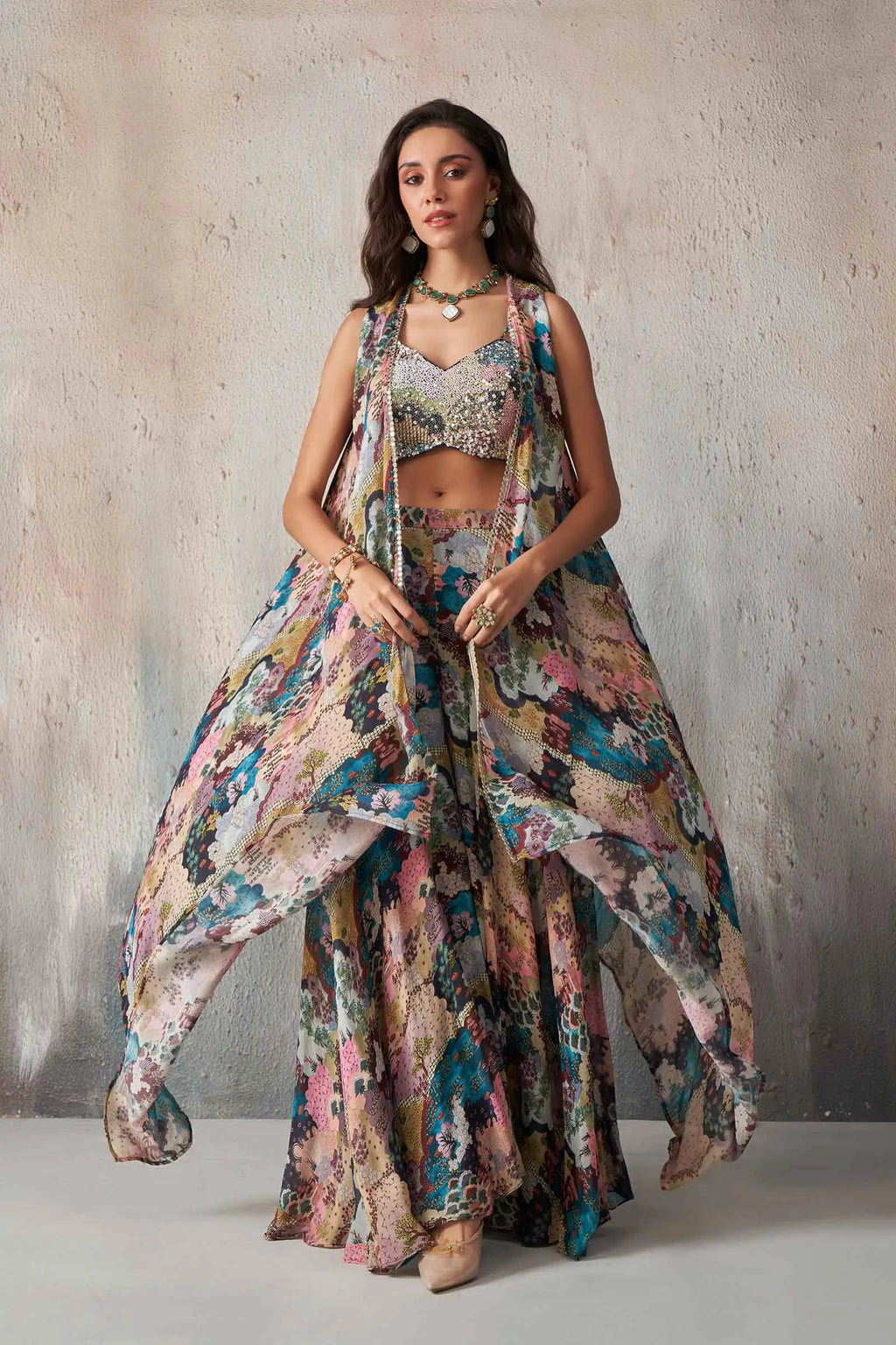 Multi Color Blue Printed With Hand Work Indo Western With Long Shrug