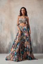 Multi Color Blue Printed With Hand Work Indo Western With Long Shrug
