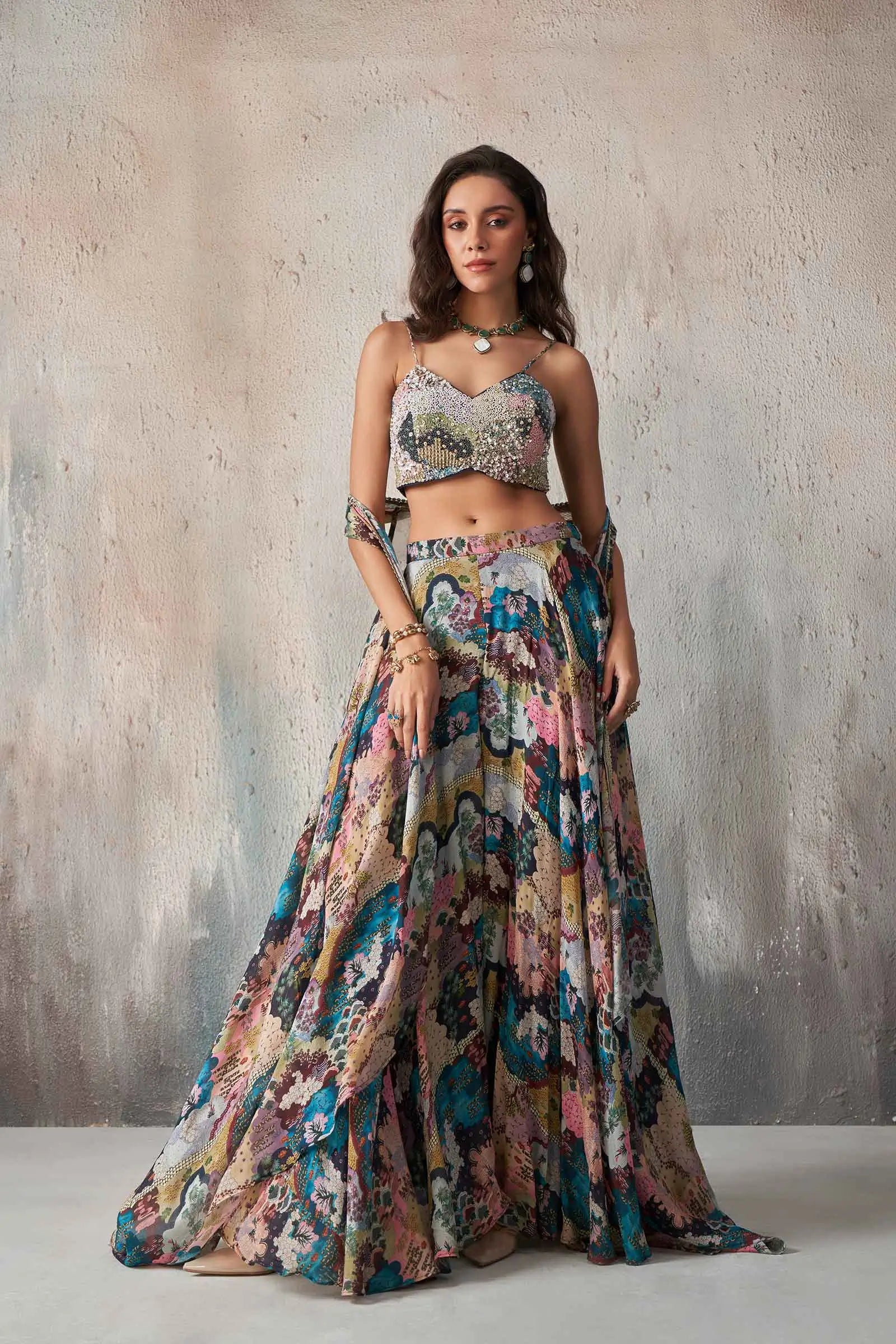 Multi Color Blue Printed With Hand Work Indo Western With Long Shrug