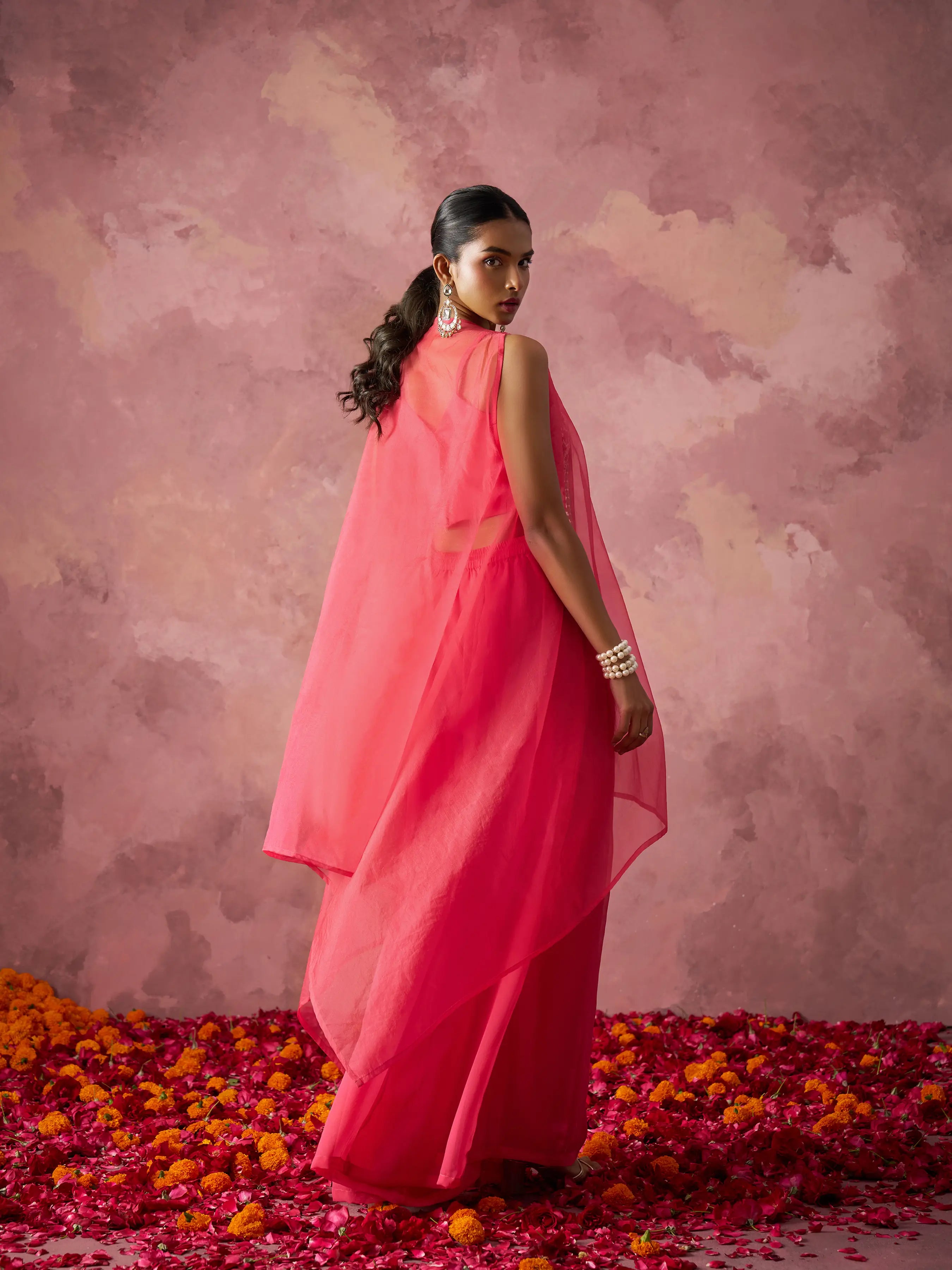 Designer Peach Pink Georgette Indo Western With Hand work And Shrug