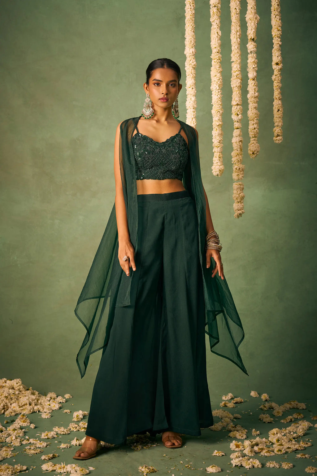 Dark Green Indo Western Khatli Work Blouse With Sharara And Cap