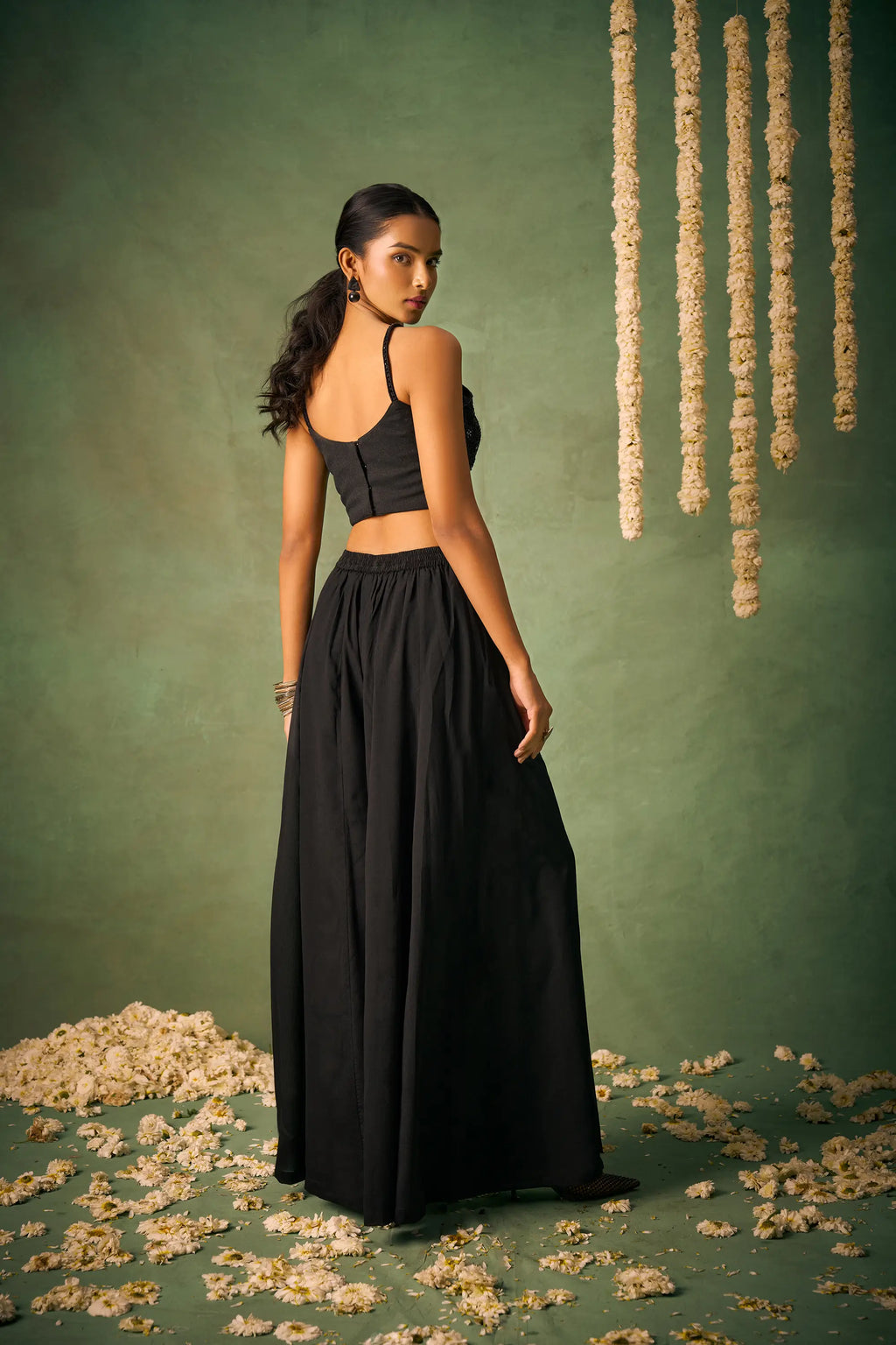 Black Indo Western Khatli Work Blouse With Sharara And Cap