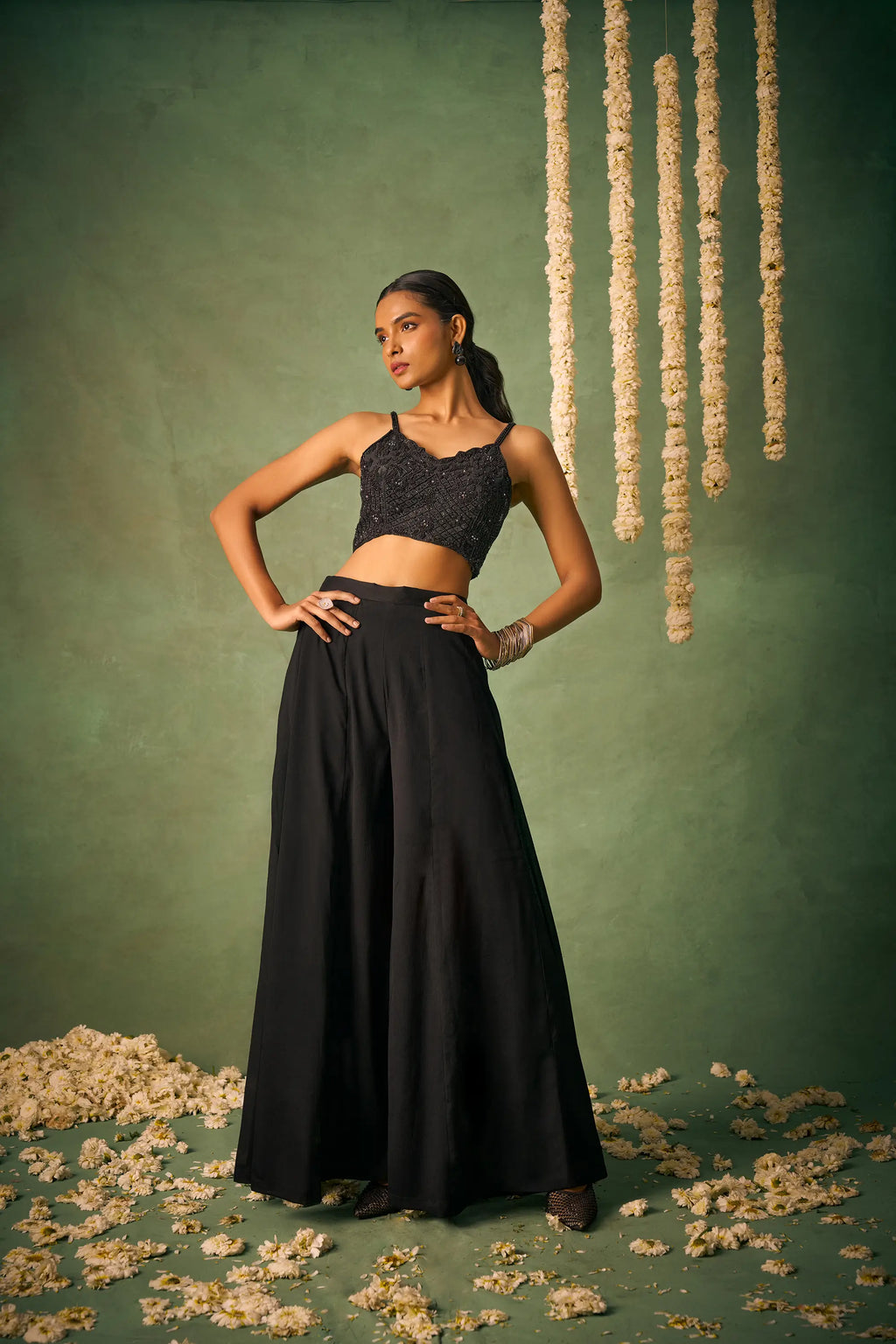 Black Indo Western Khatli Work Blouse With Sharara And Cap